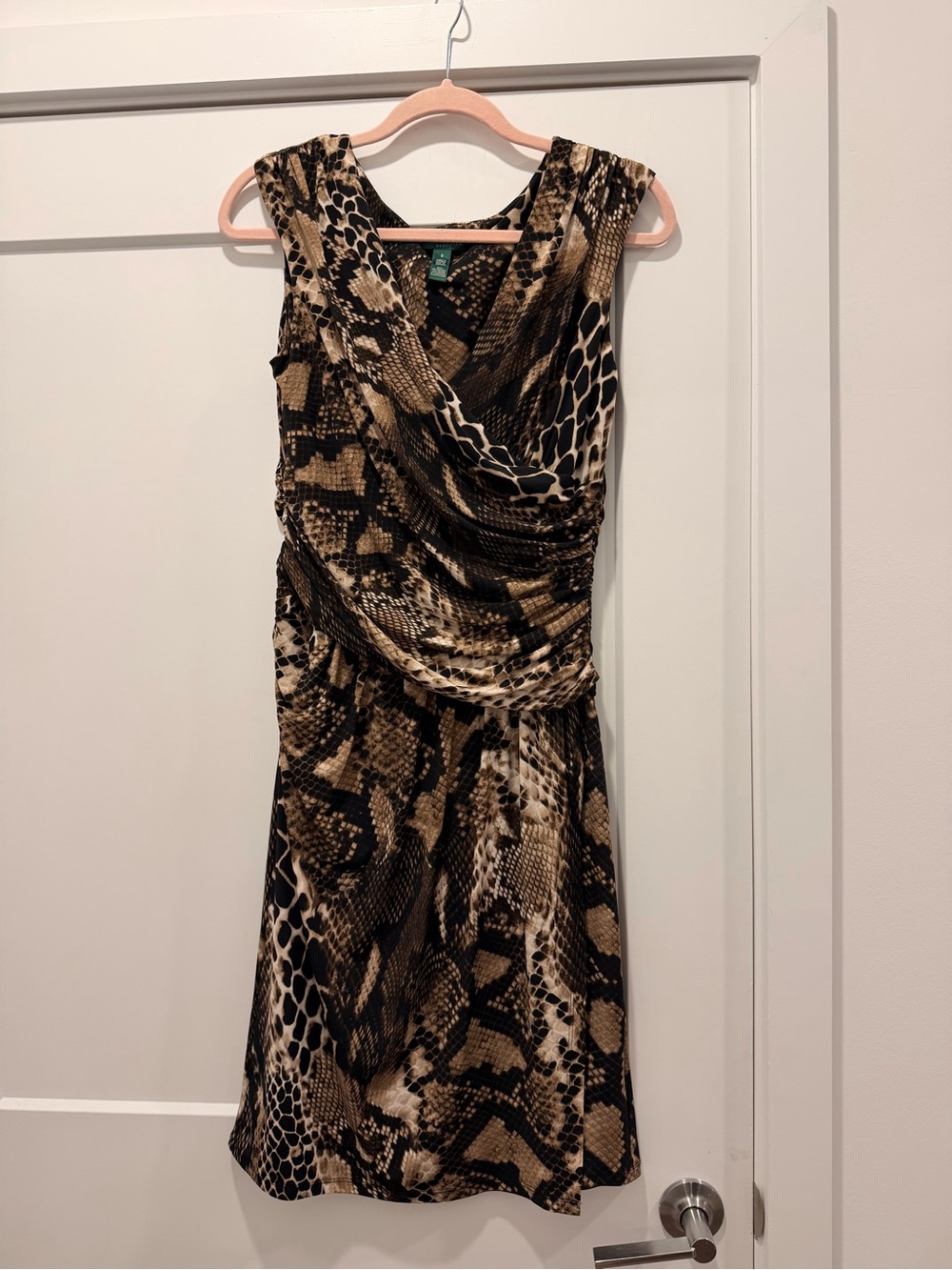 Lauren Ralph Lauren Brown and Black Snake-Print Draped Sleeveless Dress